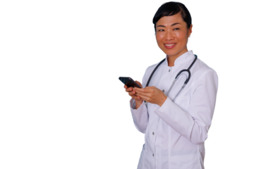 Professional businesswoman in yellow blazer working on laptop, managing business remotely, smiling, transparent background