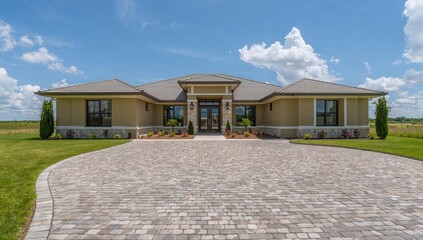 A newly constructed residence featuring a cobblestone parking area, showcasing modern architecture and design efficiency