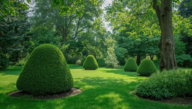 Cylindrical-shaped green foliage pruned in a garden area