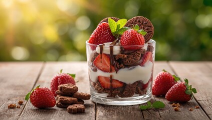 Strawberry dessert parfait featuring fresh strawberries, yogurt, and chocolate cookies, nutritious breakfast option