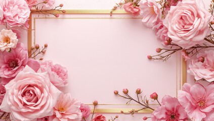 Soft pink floral card featuring blooming roses and flowers, suitable as a decorative element for festive occasions