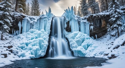 A majestic waterfall partially frozen with large ice formations and snow-covered trees in a serene winter landscape.