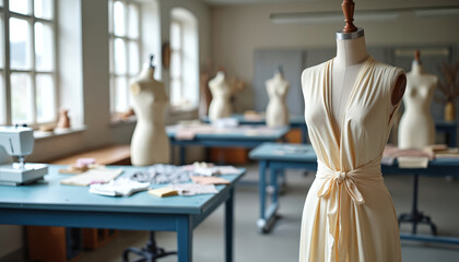 Fashion design workshop with mannequins sewing machine and fabric samples. Designers create custom garments in atelier studio. Pro tailoring process for boutique.