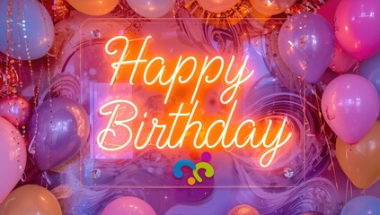 Neon birthday greeting illuminated on shiny surface adorned with balloons and sequins, festive backdrop for celebrations