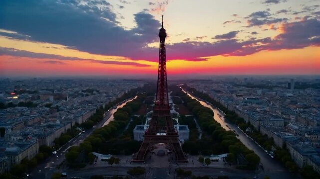 Eiffel Tower Paris Aerial View at Sunset with Colorful Sky and Cityscape