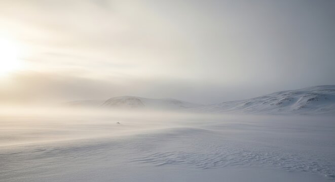 A vast, misty winter landscape with snow-covered ground and a hazy sky, illuminated by a soft sun.