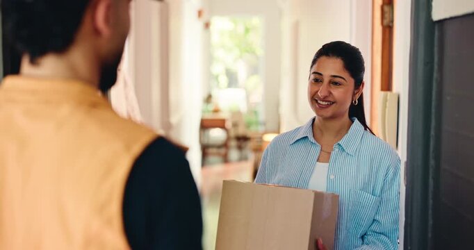 Woman, delivery man and box at front door, home or happy for customer experience with e commerce. People, courier and smile with cardboard package, shipping service or thanks for product at apartment