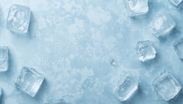 Melting ice cubes and droplets on a blue surface, background for text layout