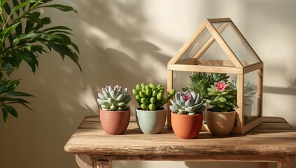 Succulent plants arranged in flower pots on a wooden table, promoting indoor gardening practices