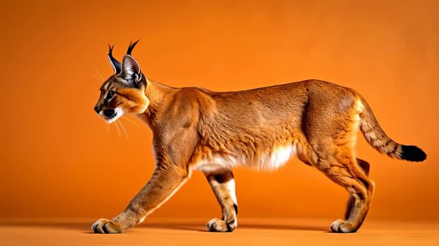 Majestic Caracal Cat Walking Gracefully Against Orange Background.
