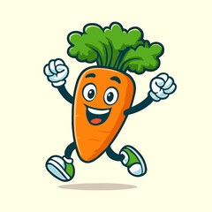 A happy cartoon carrot mascot is jumping