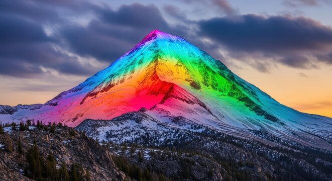 Majestic snow-capped mountain peak illuminated with a vibrant rainbow spectrum of colors under a cloudy sky. - Powered by Adobe