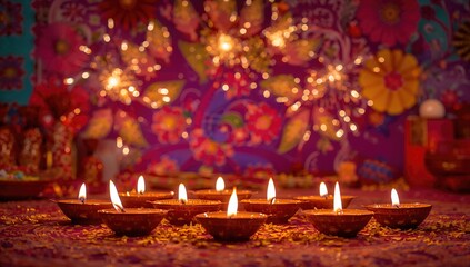 Indian ritual Diyas on a festive background, symbolizing celebration and cultural significance, Diwali