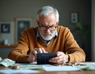 Worried elderly man with glasses uses calculator near bills, coins. Older person at table calculating finance needs. Senior man reviews money budget. Pensioner counts coins, stressed over expense.