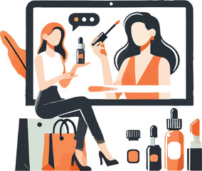 Naklejka premium Woman reviews beauty products on screen with shopping bags and cosmetics