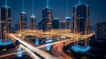 Dynamic urban landscape illuminated by a futuristic digital network, symbolizing advanced connectivity and the smart city of tomorrow - Powered by Adobe