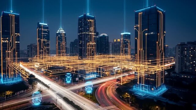 Dynamic urban landscape illuminated by a futuristic digital network, symbolizing advanced connectivity and the smart city of tomorrow