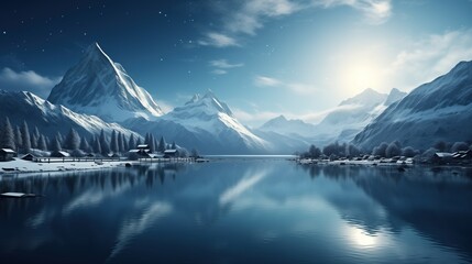 A beautiful lake surrounded by snow covered mountains with a small village nestled at the foot under clear blue sky and moonlight reflection.
