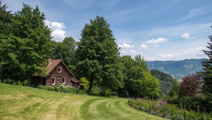 Obraz premium Picturesque summer scenery featuring a vintage home surrounded by tall trees and a colorful garden, ideal for tranquil outdoor spaces