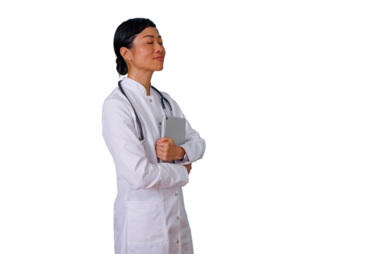 Businesswoman with curly hair posing, crossing arms, showing confidence and professionalism on transparent background - Powered by Adobe