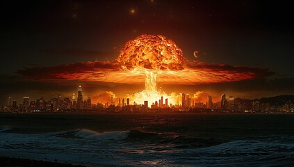 Naklejka premium Nighttime nuclear explosion over coastal urban landscape, safety risks associated with nuclear energy