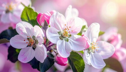 Fototapeta premium Close-up of blooming apple tree flowers with delicate pink and white petals, yellow stamens, and green leaves, set against a soft, blurred background.