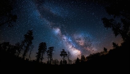 Fototapeta premium Nighttime view of the milky way galaxy framed by tree silhouettes, highlighting seasonal change