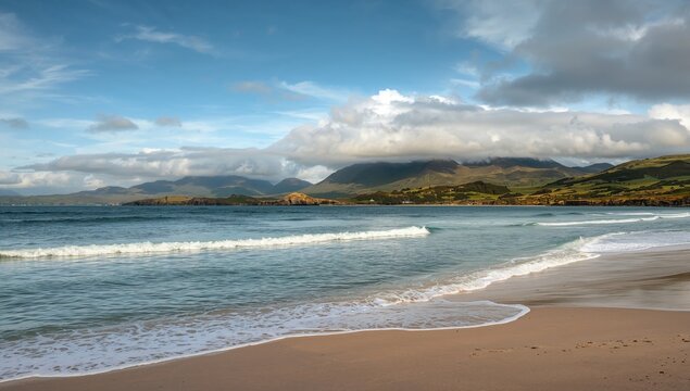 Scenic view of Blasket Islands from Dingle Peninsula, showcasing seasonal change