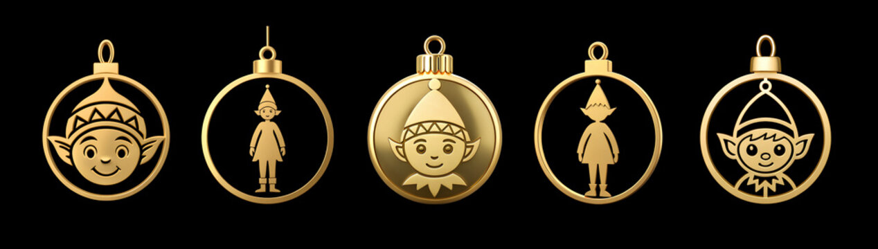 Collection of 3D golden Christmas ornaments with elf, isolated on black