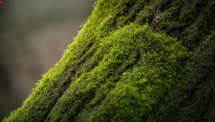 Green moss covering tree bark, providing a natural texture for outdoor settings