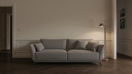 Contemporary living area showcasing a gray couch and a floor lamp, designed for relaxation and comfort
