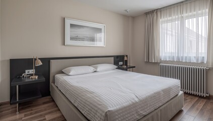 A double bedroom featuring a spacious bed without bedding, minimalist cantilever bedside tables, a monochrome headboard, sheer white curtains, and a metal radiator, functional comfort