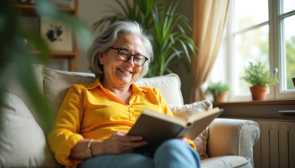 Elderly woman with gray hair reads book on couch. She smiles happily wearing glasses and a yellow shirt. Indoor scene with plants by window, cozy home atmosphere.