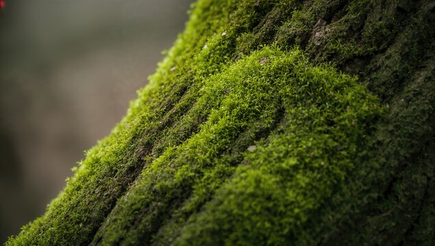Green moss covering tree bark, providing a natural texture for outdoor settings