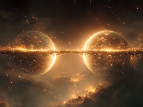 Golden celestial bodies connected by a radiant, illuminated bridge amidst cosmic clouds and stars, creating a mystical and fantastical scenery.