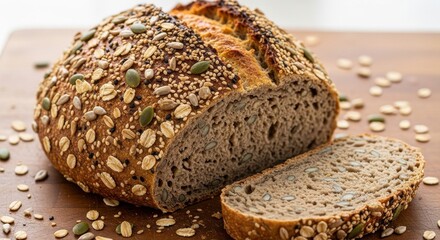 Rustic whole grain seeded bread loaf with a fresh slice cut, displaying oats, pumpkin seeds, and sunflower seeds on a wooden board.