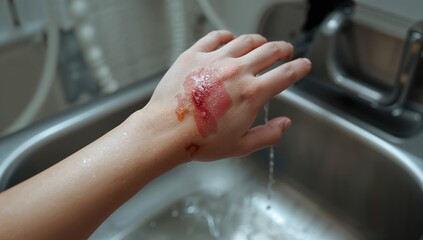 The lesion burn and water drainage from a blister on a hand caused by hot water exposure, risk of infection