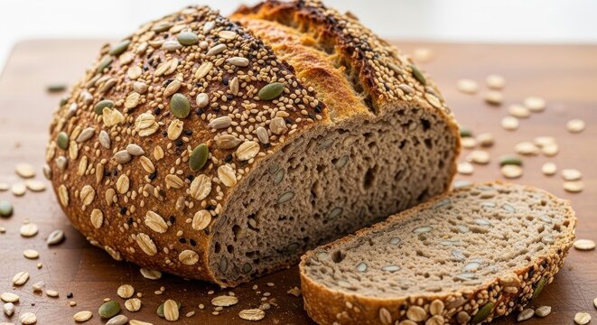 Rustic whole grain seeded bread loaf with a fresh slice cut, displaying oats, pumpkin seeds, and sunflower seeds on a wooden board. - Powered by Adobe