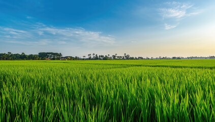 The vast green rice fields serve as a tranquil backdrop, agricultural landscape, seasonal change