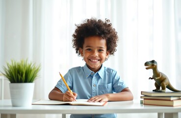 Happy young boy with curly hair sits at a desk writing in a notebook with a pencil. A toy dinosaur sits on books nearby. He is smiling brightly, engaged in his schoolwork.