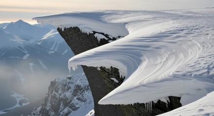Dramatic snow cornices overhanging a rugged mountain cliff in a vast winter landscape.
