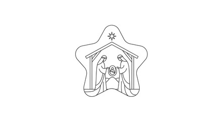 Nativity Scene Outline in Star Shape for Coloring or Crafts.
