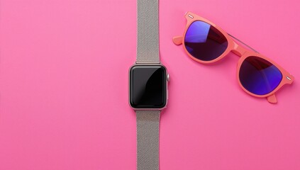 Top view of a fashionable smartwatch and sunglasses, modern accessory pairing, lifestyle enhancement