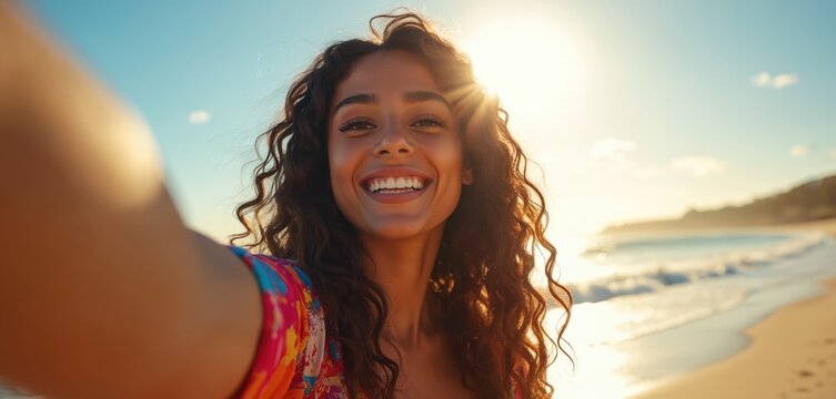 Attractive girl takes selfie on sunny beach. Woman with curly hair smiles in front of tropical sea. Happy lady enjoys vacation, shares vacation content on social media. Content creator, influencer. - Powered by Adobe