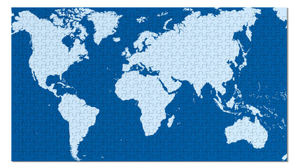 Png; Trasparente. Illustrazione 3D. Elementi del Puzzle compongono la mappa del mondo. La cartina geografica piana del nostro pianeta si forma progressivamente fino al completamento..