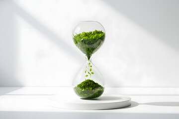Glass hourglass filled with green leaves representing environmental sustainability