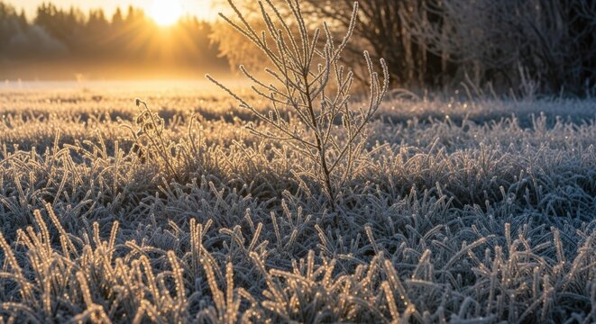 Golden sunrise illuminates a frosty field with delicate ice crystals coating the grass and a lone sapling.