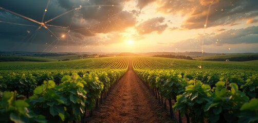 Naklejka premium Rows of green plants in vineyard at sunset. Digital network connections overlay agricultural field. Modern farming technology concept. Precision agriculture with connected nodes, lines. Future of