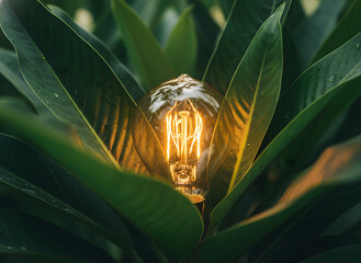 Glowing vintage light bulb nestled among lush green leaves, symbolizing eco innovation, sustainability and creative energy. 