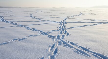 Footprints crisscrossing a vast, pristine snow-covered landscape under a bright winter sky.